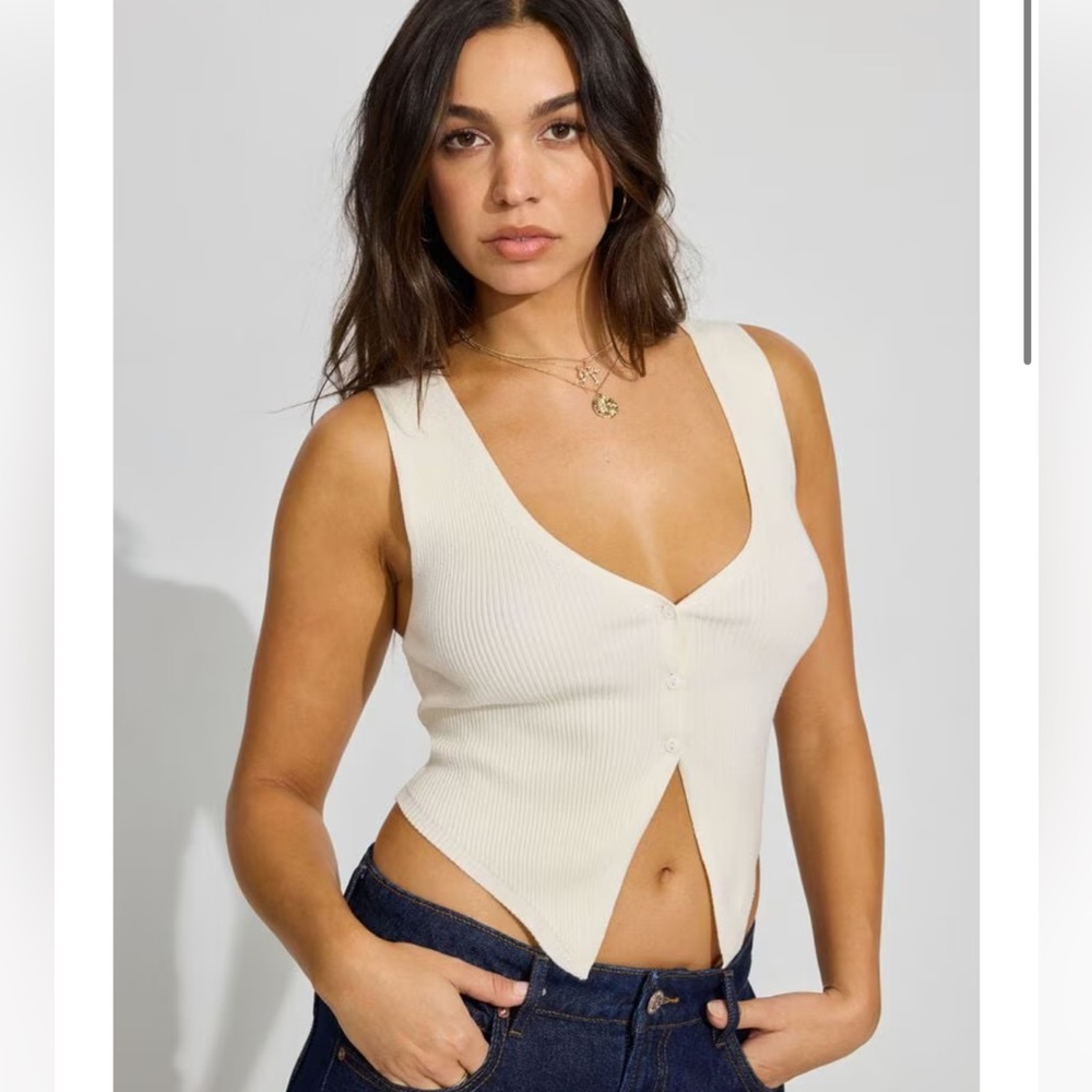Garage Bare V Neck Vest Cream Button-Front Tank Top
